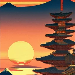 Ukiyo-e Style , mount fuji, sun set