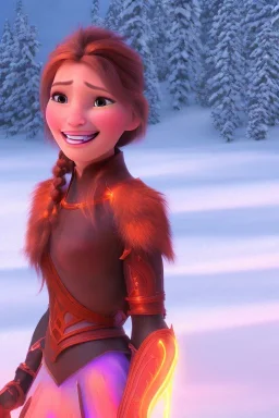 portrait of a beautiful girl, wearing glowing orange armor, futuristic armor, natural posture, nice smile, snowy mountain background, snow, fur cloak