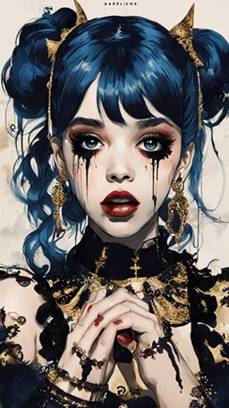 Poster in two gradually, a one side malevolent goth vampire girl face and other side the Singer Melanie Martinez face, full body, painting by Yoji Shinkawa, darkblue and gold tones,