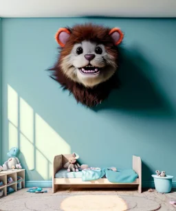 Realistic child room. sweet big furry monster sitting. Steven Spielberg style. Red hair, smile, happy, gradient color fog. highly detailed, concept art, unreal engine 5, ray tracing, RTX, lumen lighting, ultra detail, volumetric lighting, 3d, finely drawn, high definition, high resolution.