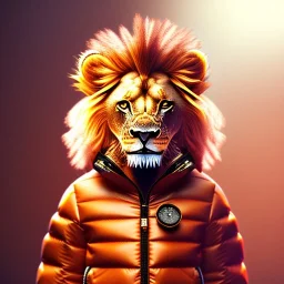 Lion toddler, smile, steampunk headphone, sunglass, gangsta neckless, full body, orange puffer jacket, tokio background, dramatic lighting, hyper realistic, unreal engine 5, 16k