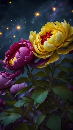 Yellow red purple peony flowers, green leaves, HD, small aperture, large depth of field, starry sky background