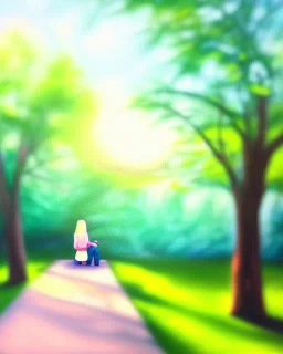 park mystical dream, park bench, man, woman, child, dog, trees, path, bird, sunshine, mystical, fantasy, romanticism, pastel colors, daylight, daytime, acrylic painting, detailed, soft focus,