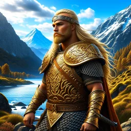 Blond Viking warrior, painted, digital painting, 24k, high resolution, highly detailed, ornate, mountain views with streams of water, art by JOHN STEPHENS