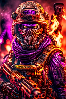 an epic 12k,ultra high definition , digital photo of a scary looking alien, purple colored alien, angy and rising from the ashes, a war veteran, army beret , captain rank, ripped and torn ammo clothing, chaotic fiery and dust background, dramatic close-up action shot of him behind the machine hand gun on the burned out war tanker,gothic and sinister