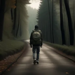 a lonely figure with a backpack, leaving a metropole, on a road, into a forest, photo quality