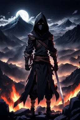 3d anime warrior in dark hood , detailed, sharp focus, dark colors, pale lights,mountain, crepy, dark fantasy in background fire city, professional anime art