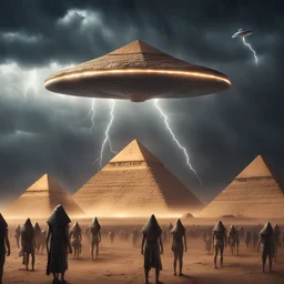 Hyper Realistic UFO aliens vs pharaoh army outside Pyramids with thunderstorm at dark rainy night
