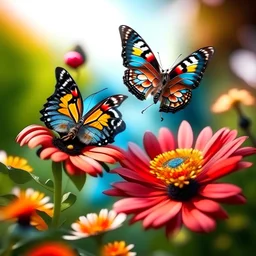 Two beautiful butterflies flying around a gorgeous flower