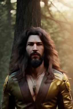 Human Male Druid character, brown hair, long hair, wild hair, yellow eyes, scars on body, waist up portrait, 4k resolution, intricate details, ornate details, soft lighting, vibrant colors, retroanime, masterpiece, natural background, realistic
