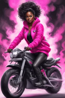 Create a digital airbrush illustrations of a black full figure black female riding a sports motorcycle. She is wearing hot pink hoodie and black tights with biker boots. Prominent make up with log lashes and hazel eyes. Extremely highly detailed black shiny wavy hair up in a messy bun. Background of smoke surrounding her and the bike and she's is at a bike show.