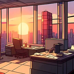 morning sunrise cubicles work office on 43rd floor in a vampire skyscraper cartoon