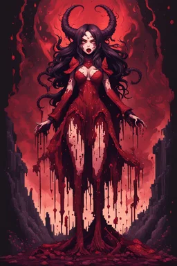 Demon girl wizard in front, fullbody, behind blood guts rising from the ground, darkred tones,cosmic horror, nightmare, galaxy, 8bits, pixel art,