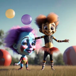 Ultra realistic circus scene. Sweet hair monster and Child’s playing, smile, happy, color bubbles, smooth color, waist up view, Wes Anderson style, dark ambient, highly detailed, concept art, unreal engine 5, god rays, ray tracing, RTX, lumen lighting, ultra detail, volumetric lighting, 3d, finely drawn, high definition, high resolution.