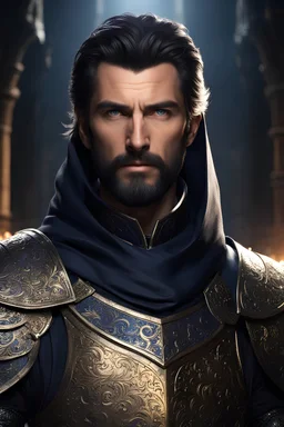 portrait of a male paladin, black greying hair, short full beard, dressed in an ornamented plate armor with a black cloak , standing in a dungeon, dark blue eyes, realistic, dim torch lighting, cinematic lighting, highly detailed face, very high resolution, looking at the camera, centered