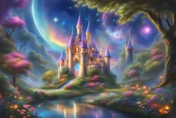 a mesmerizing digital painting, a celestial beautiful fairy garden, faery castle emerges, radiating vibrant luminescent hues against amazing magic cosmos. Its otherworldly form is a bright iridescent colours, that shimmer like precious gems and intricate patterns that seem to dance with life. The image captures every intricate detail of this vivacious picture, showcasing its celestial beauty in stunning high-definition, Butterfly, 32K
