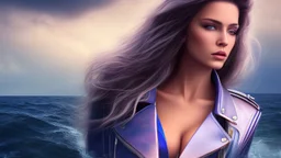 half body shot,realistic portrait of a 20-25 old femal model, long blue pink flowing hair, great grey eyes, blue leather jacket,full body, standing in rocky beach , very big ship, stormy sea with sunset ,clouds,god rays ,storm,rocky beach