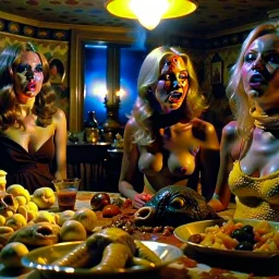 Horror movie shot, spooky, ultra realistic, dine, horns, ultra realistic hot blonde women, party, pieces of meat, organs, ail dynamic, anguish, very excited people, hypermaximalist figures, light, 1970's Italian horror movie, sinister, John Carpenter, Dario Argento, Stanley Kubrik, ornate, 4k, photorealism