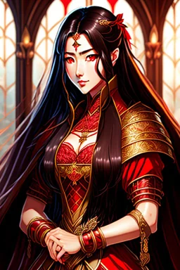 woman with long brown hair and red eyes, medieval concubine, anime style, highly detailed, intricate background, red and black clothes, confident, arrogant