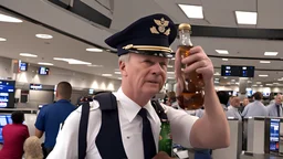 drunk pilot holding bottle of liquor gets confronted by crowd of travelers at airport