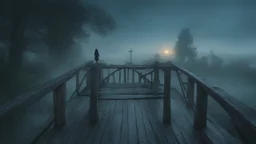 walking straight ahead over a wooden bridge, holding the angel of death with your right hand, entering the fog at the end of the road that leads to the afterlife, and a beautiful sunset and galaxy's behind the fog, realistic