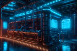 water treatment system, water visible, hyperrealistic 16k, 3d rendering, expressively detailed, dynamic light, expressiv neon lighting, steampunk, video game, neon lighting