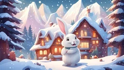 A beautiful white rabbit is smiling in a snowy forest and beautiful houses with mountains and falling snow look enchanting with their many colors. Cartoon style