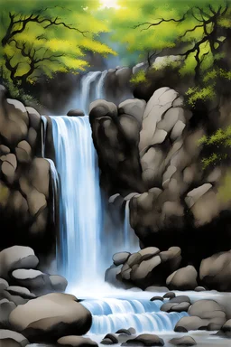 rocks, waterfall, trees, black chinese ink paintings