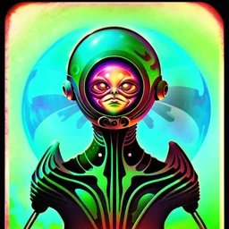 Psychedelic Alien Art, chromatic aberration, retrofuturism, vintage sci-fi illustration, weird space alien print, surrealist french art, eerie, 70s sci-fi art, creepy cutout style , watercolors