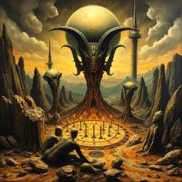 Surreal biomechanical landscape seance ritual painting by H.R. Giger similar to the art in the Necronomicon, Der Meister und Margarita, fantastical, Alien aesthetic