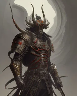 Detailed anime boy, dark brown hair, black and red dragon scale armour, intricate details, full body portrait, keep head in frame, slight smile, black Japanese motif, concept art, highly detailed, digital painting, concept art, sharp focus, illustration, art by Yoji Shinkawa, WLOP and greg rutkowski and alphonse mucha and artgerm and yanjun Chen and Junji ito and Makoto Shinkai, HDR, octane render