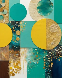"Create a mixed media painting that combines acrylic, watercolor, and collage techniques. Use a palette of earthy tones blended with vibrant accents like gold or teal. Incorporate textured elements such as fabric, paper, or natural materials to add depth. The composition should evoke a sense of harmony between organic shapes and abstract patterns, blending flowing lines, splashes of color, and layered textures for a dynamic, multi-dimensional effect.