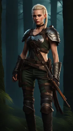 photorealistic hyperdetailed portait of an 18-year-old female as mercenary with blonde undercut hair with braids, wearing light armour dark fantasy forest backdrop