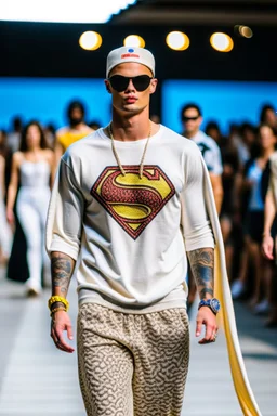 A guy on a fashion runway with Kryptonian Superman street wear all embroidery Clothes in neutral colors