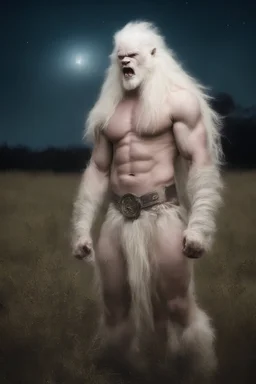 an extremely muscular, extremely hairy, long-haired albino werewolf, in a field, Botany, Starry, Moon lit, Retro Pop, Dark Fantasy, Horror, Festive, Realistic - 32k, UHD, professional quality, 8 x 10 digital photograph