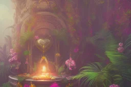 love, high contrast, Tropical flowers,heart drawing, crystals, tropical leaves, sacred altar, Fantasy temple,