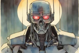 retro anime style, full color, dark serious 1980s anime terminator like robot, moebius artist, magic, watercolor,