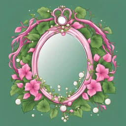 Create an Artwork of a Mirror with ivy branches and pearls necklace, Like a creative Logo for a Varasity Jacket to put a random number uin it, Vector illustration. Colors should be pink and green