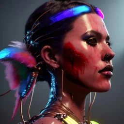 pretty Brazilian cyber woman, cold ambient, latex, cables, purpurin, blood, black, gold, piercings, brown, decorative color feathers, circuits, neon style, a lot of led lights, fog, rain, vibrant color, highly detailed, art stations, concept art, smooth, unreal engine 5, god rays, ray tracing, RTX, lumen lighting, ultra detail, volumetric lighting, 3d, finely drawn, high definition, high resolution.