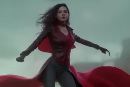 Wanda maximoff, vilã, destruindo tudo com sua magia, brava, dramático, magia vermelha, cores frias, imagem cinematográfica