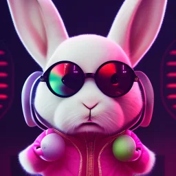 pixar style anamorphic cute rabbit baby, smiling, cyberpunk headphone, sunglass, gangsta gold neckless, full body, magenta puffer jacket, manila city backdrop, dramatic lighting, hyper realistic, unreal engine 5, 16k