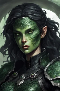 female snake humanoid, full body, wearing a black leather armor, green scales on the face, dungeons and dragons