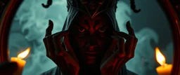 close up portrait of a voodoo transhumanism witchcraft inside mirror