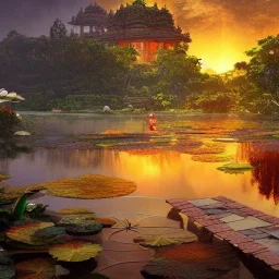 highly detailed indian lake with temple and lotus landscape with jungle, sunset, illustration, cinematic lighting, 4k, 8k, octane render, digital concept art, trending on artstation, pinterest, extremely detailed, ambient lighting.