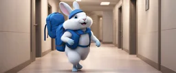 a white rabbit wearing a blue hat and backpack, walking down a hallway in animated cartoon style