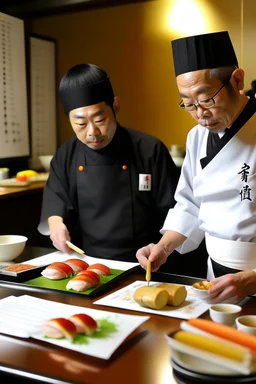 Resturant menu with Japanese chefs and sushi in the backround, different sushi menu choices