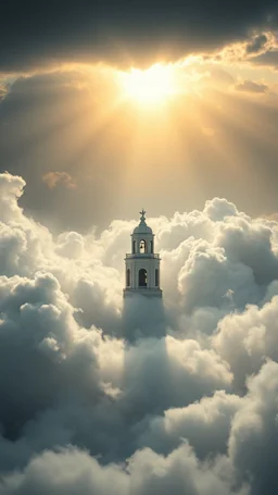 A white Dove above swirling clouds, emerges from the heart of a raging storm. Turbulent winds of steam swirl around the iconic structure, lit by shafts of sunlight that cast dramatic shadows on the A beautiful sun , High quality 16k cinematic scene and great photography
