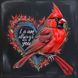 Bing: a vibrant digital chalk sketch painting featuring a double exposure image of a beautiful majestic red cardinal, ultra-detailed, within the body of the cardinal is a heart with the words "I AM ALWAYS WITH YOU" in a beautiful script