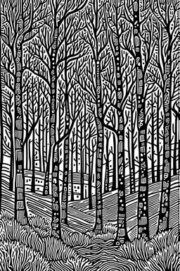 Forest at night linocut, black and white, in the style of van gogh