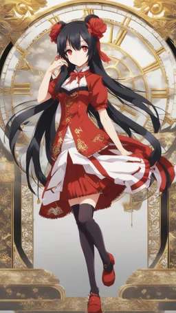 Tokisaki Kurumi appears to be elegant and has very polite manners, ivory skin and long, evil smile, crazy smile, black hair usually tied in long twin tails, deferent Eyes colors, right eye is red-tinted color, left eye appears as a golden color, inorganic clock face, a girl with astonishing beauty, wearing her astral black and red dress 'Elohim', left golden eye, intricate details, highly detailed, date a live anime art style